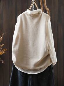 Áo vest len không tay cổ tròn mới về, họa tiết mũ hoạt hình dễ thương, thanh lịch, thời trang, thoải mái, cỡ lớn. - Màu be - Xem 2