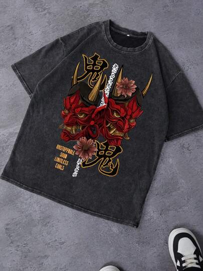 Plus Size Men's Summer Japanese Oni Mask Graphic Print Casual Washed Short Sleeve T-Shirt