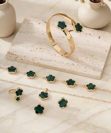 1 Set Jewelry For Women Includes 1 Necklace With Clover Pendant, 1 Bracelet, 1 Pair Of Earrings, 1 Ring, 1 Bangle - 綠色 - 查看 8