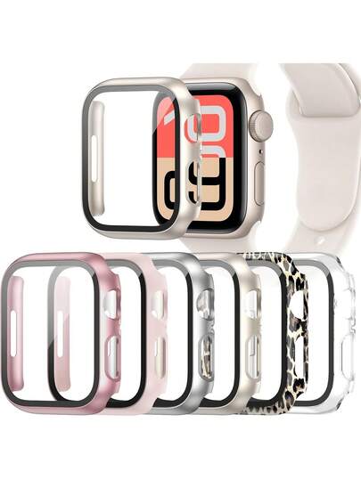 6pcs/Set Men Women Fashionable Casual Anti-Drop 2 In 1 Ultra-Thin Tempered Glass Screen Protector Case, For Apple Watch Case 40/41/42/44/45/46/49Mm, For Apple Watch Series Ultra/SE/11/10/9/8/7/6/5/4, Intelligent Watch Case Accessories