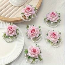 6 piezas Pulsera de flores de rosa blanca para novia y fiesta, adecuada para boda, aniversario, cena de gala - Ver 1