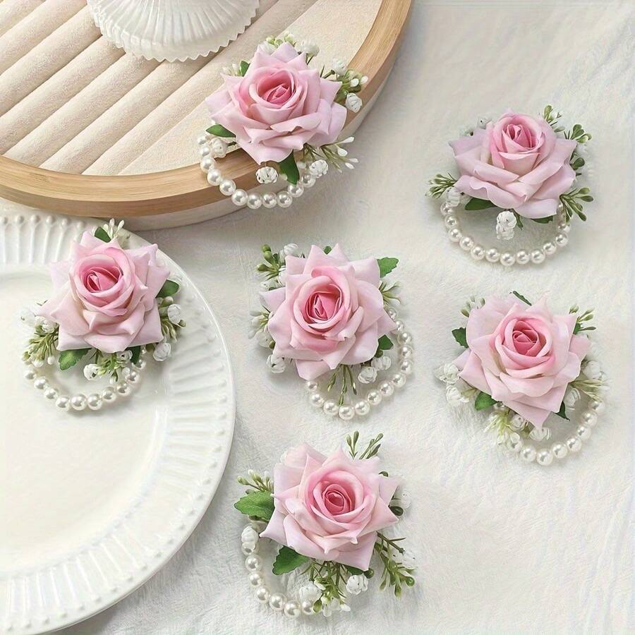 6 piezas Pulsera de flores de rosa blanca para novia y fiesta, adecuada para boda, aniversario, cena de gala - Ver 1