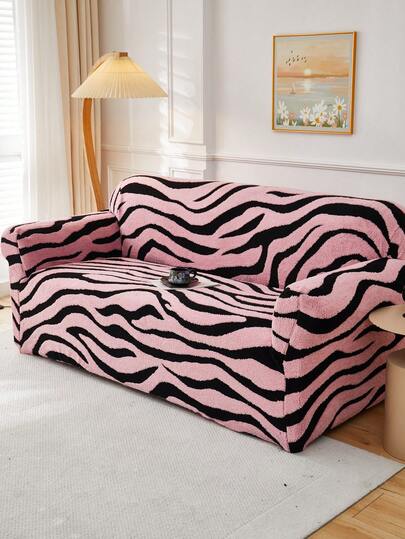 1pc Cationic Soft Plush Fabric Pet Proof Sofa Cover, Embossed Plush Jacquard Zebra Pattern, Multi-Color, Thick Jacquard Plush Sofa Cover Suitable For 1/2/3/4 Seat Sofa, Autumn/Winter