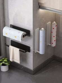 Carbon Steel No-Drill Paper Towel Holder, Kitchen/Bathroom Tissue Roll Rack, Adhesive Mounted Cleaning Cloth Hanger, Large Square Bathroom Storage Shelf - Multicolor - View 6