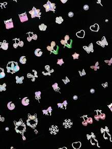 6/7/9对/套 精致时尚优雅可爱男女童耳环 花朵蝴蝶心形雪花随机款式 生日派对 儿童节礼物 日常佩戴配饰 - 彩色水鑽小耳釘 - 查看 5