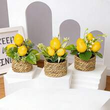 1/3pcs Artificial Lemon Plants, Woven With Seagrass Ropes, Includes Planter, Made Of PE Material, 3 Styles Available. Versatile Use: - Desktop Decor - School Dorm & Office Decor - Multicolor - View 1