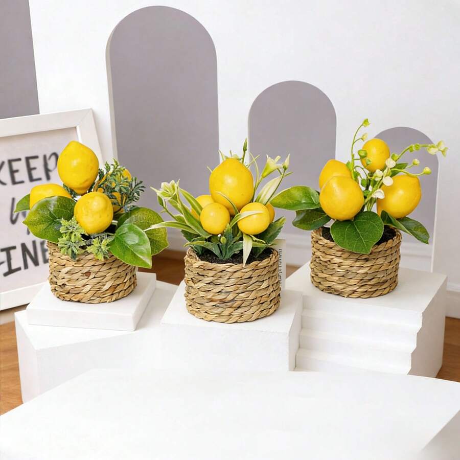 1/3pcs Artificial Lemon Plants, Woven With Seagrass Ropes, Includes Planter, Made Of PE Material, 3 Styles Available. Versatile Use: - Desktop Decor - School Dorm & Office Decor - Multicolor - View 1