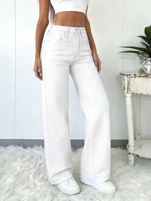 Elegant & Casual Women's Wide Leg Jeans, Denim Fabric, Solid Color Washed, Full Length, Medium Stretch Spring White - White - View 7
