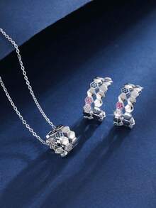 2pcs/Set Minimalist Hexagon Honeycomb Necklace & Earrings Set, Luxury Niche Design Jewelry, Suitable For Gifts And Daily Wear - earrings necklace set - View 2