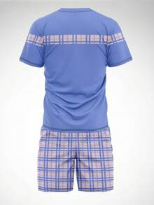Bộ đồ thể thao nam cỡ lớn in sọc, cổ tròn, tay ngắn và quần short. - Màu xanh lam - Xem 2