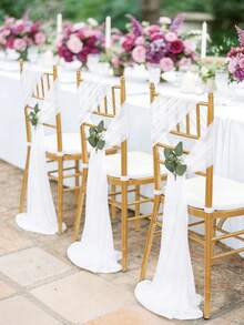 10/2pcs Elegant White Sheer Chiffon Chair Backdrop Curtain, Wedding Ceremony Decor Hanging Accessory, Dining Table & Chair Decoration, Bridal Chair Veil, Engagement Party Surprise Setup, Wedding Event Ornament, Church Ceremony Chair Drape, Outdoor Wedding Chair Sash - White - View 5