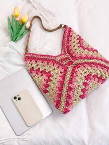 Dedoo Túi xách cỡ lớn dệt thủ công kiểu bà ngoại kẻ caro dành cho phụ nữ - Màu Hồng Tươi - Xem 5
