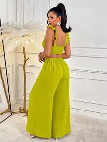AIJ Amarilo Women's Casual Vacation Beach 2 Pieces Set - Ruffle Strap Tank Top Paired With Slim Fit Wide Leg Pants, Spring/Summer - Green - View 2