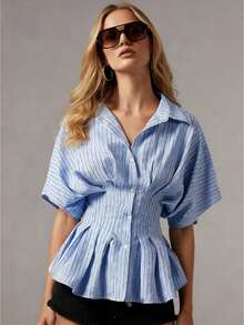 Women's Striped Peplum Blouse Button Down Collared Short Puff Sleeve Cinched Waist Shirt For Casual - 藍色 - 查看 2
