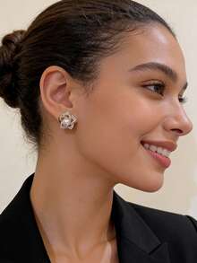 2件套金色仿珍珠水钻花朵耳环，优雅闪亮的新娘/伴娘耳环，百搭日常佩戴，适合日常、节日、派对、生日、情人节、约会、送礼等场合。 - 彩色 - 查看 12