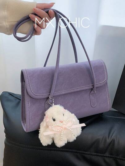 1pc Women's Solid Color PU Shoulder Bag With Flap, Fashion Spring/Summer Violet Handbag With Pendant, Suitable For Commuting, Shopping, And Gift