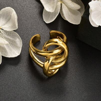 1pc Minimalist 18k Gold Plated Double Layer Twisted Geometric Open Stainless Steel Ring Old Money Style Women Wear Stacked Jewelry For Daily Parties