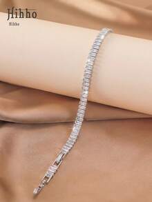 Hihho 1 Peça Pulseira de Tênis de Zircônia Estilo Hip-Hop Feminino, Pulseira de Moda Personalizada de Alta Qualidade Versátil Estilo Ins para Festa, Festival, Ajuste Suave na Linha do Pulso, Comprimento Ajustável, Leve para Uso Confortável a Longo Prazo - Prata - Visão 20