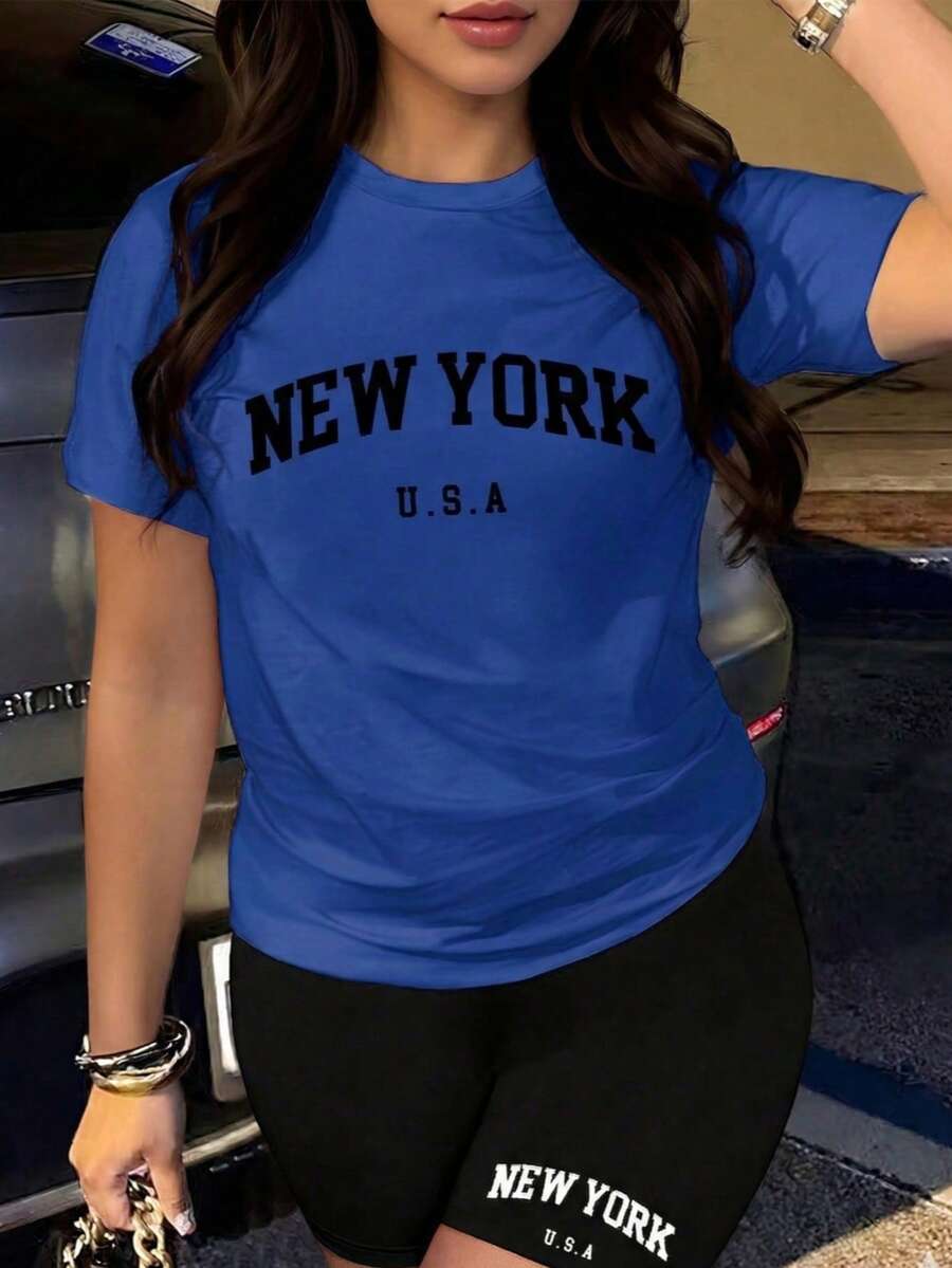 Conjunto set paquete pack 2 piezas dama mujer playera camiseta blusa gráfica manga corta cuello redondo shorts leggings biker cortos básico casual estampado ciudades new york NY nueva york - Azul Rey - Ver 1