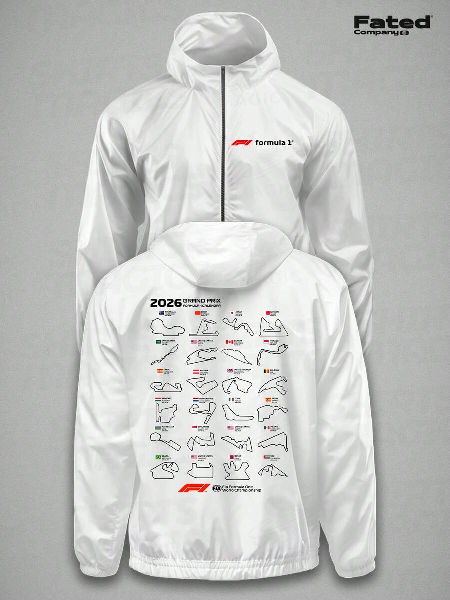 Grand Prix 2026 Date Circuits F1 Windbreaker Jacket - Lightweight Fit Fabric - Fated Racing - Blanco - Ver 1