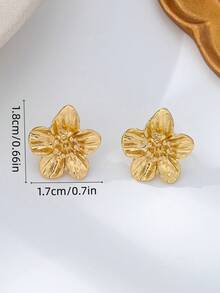 1 對歐美風 3D 金屬壓花花瓣耳釘，金屬壓花花卉，復古小眾耳環，通勤約會百搭優雅耳環，奢華設計感耳環，日常百搭柔和氛圍耳環 - 金色 - 查看 7