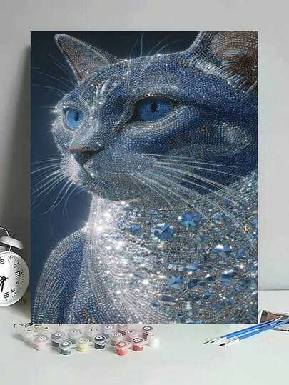 水晶猫闪亮钻石蓝眼睛DIY数字油画帆布画工艺品成人家居装饰40x50厘米/16x20英寸节日礼物
