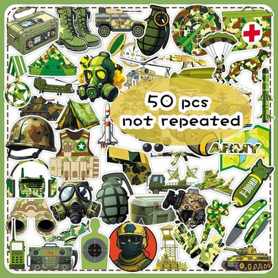 50 Peças Adesivos Decorativos de Equipamento Militar em Camuflagem Verde, Colete Tático e Tanque, para Caderno, Papelaria, Escrivaninha