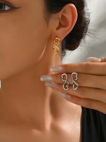 1 Pair Fashionable Asymmetrical Earrings, Unique Twisted Line Design, Minimalist Yet Elegant, Exuding Graceful Elegant When Worn - Earring - View 2