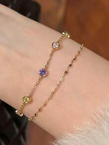 1件时尚简约几何宝石手链，铜镶钻双层金链手链，适合女性日常、派对、节日佩戴，也是日常礼物和珠宝礼品。 - 金色 - 查看 1