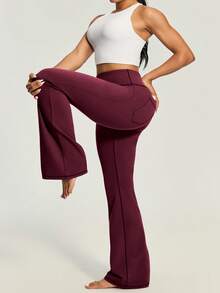 Quần thể thao ống loe cỡ lớn mới dành cho nữ, quần legging yoga thời trang giúp thon gọn vóc dáng, quần dài cạp cao co giãn thoải mái với túi trước và sau, quần dài ôm sát. - Màu Đỏ Sâu - Xem 4
