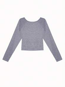 女士秋季荷叶边修身长袖T恤 休闲春季 - 灰色 - 查看 2