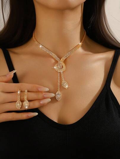 Fashionable Versatile Crystal Necklace And Dangle Earring Jewelry Set, Suitable For Galas, Weddings And Formal Occasions