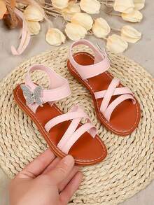 2026 Neue rosa Mädchen Strandsandalen, einfarbig rutschfeste Gummisohle, weißer Glitzer Schmetterling Dekor, Klettverschluss Design runde Zehenpartie, weiches PU modisches, süßes Kindersandale mit offener Zehenpartie, geeignet für Mädchen Alltag, Schule, Aufführungen, Spazierengehen, Reisen, Partys, Frühling/Sommer - Pink - Übersicht 2