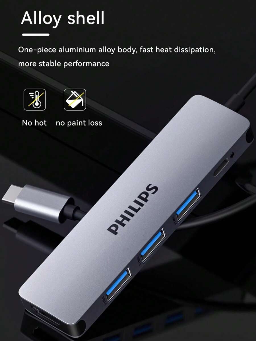 飞利浦 5 合 1 转接器，合金外壳，一体式铝合金设计，快速散热带来更稳定的性能，PD 快充，4K 30Hz 高清分辨率。 - 查看 1