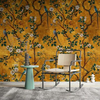 Gold Botanical Bird Wallpaper - Vintage Floral Pattern With Birds, Butterflies And Tree Branches