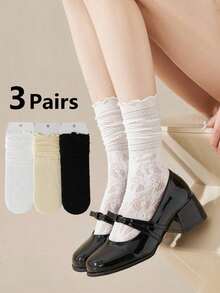 3 Pairs Of Lovely Lace Socks Women Mid-Calf Socks, Hollow Out Flower Edge Short Socks, Solid Color Pile Socks, Straight Loose Socks, Fall - Nhiều màu - Xem 11