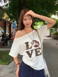 Women's Casual Off-Shoulder T-Shirt With Love And Kiss Graphic, Short Sleeve, Stretchy Polyester Fabric, Regular Fit - White - View 2