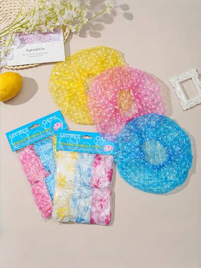 1pc/3pcs/6pcs Disposable Shower Cap, Printed Colorful, Thickened PE Transparent, Elastic Waistband Suitable For Men & Women