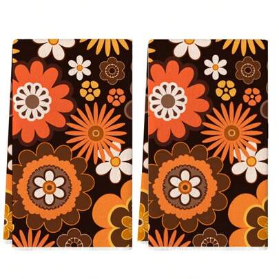 2件套橙花厨房毛巾套装，烹饪烘焙茶巾，洗碗布，超柔软高吸水性，温馨乔迁礼物，厨房配件，装饰品，家居必备