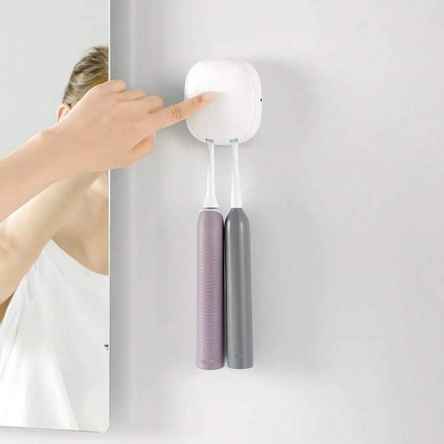Esterilizador UV montado en la pared sin taladro, soporte para cepillo de dientes con función de secado, estante de almacenamiento de cepillo de dientes para baño, 500mAh - Blanco - Ver 1