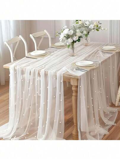 39 pouces Nappe de table en tulle de mousseline de soie blanche perlée, convient pour la décoration de l'arche de mariage, le centre de la table à manger, l'écharpe de chaise, la couverture de table, la douche de mariée, la décoration de fête à thème, le fond de scène, l'emballage de fleurs, la décoration de jardin extérieur, la décoration de la fête de baptême de bébé, la décoration d'intérieur