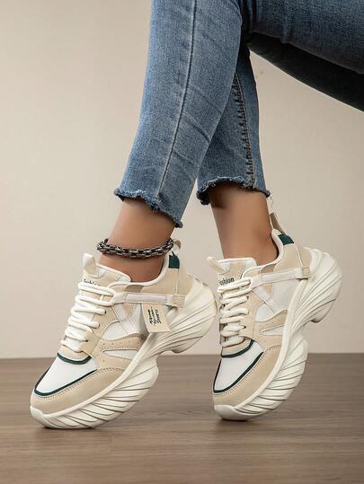 Women's Round Toe Lace-Up Skateboard Shoes, Fashion Colorblock Casual Sneakers, Comfortable & Versatile