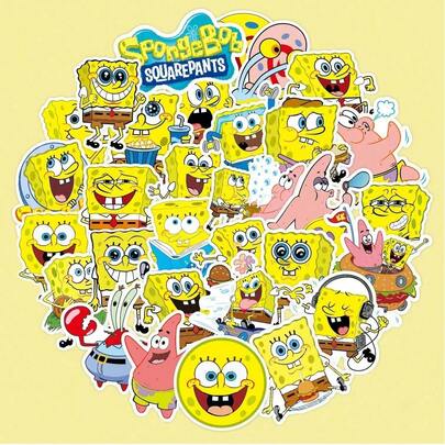 SpongeBob SquarePants 50pcs Cute Cartoon Doodle Stickers And Cartoon Cute Waterproof Stickers, Suitable For Decorating Phone Cases, Diaries, Water Cups, Luggage, Etc. They Are Great Gifts For Friends, Perfect For Christmas, Halloween, Parties And Birthdays