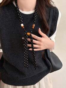 1件女士复古豹纹串珠围巾项链，新款独特设计毛衣链百搭配饰 - 彩色 - 查看 2