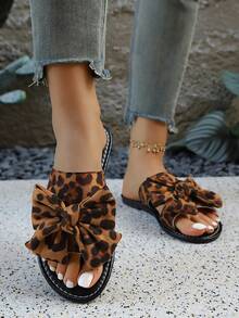 2026 Summer New Bowknot Leopard Print Open Toe Casual Sandals, Flat Beach Slippers - Brown - View 3