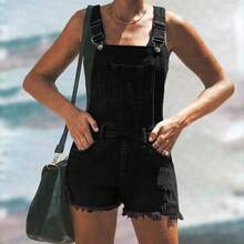 Women's Medium Blue Distressed Denim Bib Shorts With Frayed Hem - Casual Ripped Bib Shorts Black Summer - Black - View 7