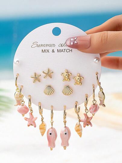 18 Pcs Bohemian Pink Ceramic Fish Starfish Dangle Earrings Set For Women - Gold Plated Tiny Sea Turtle Starfish Stud Earring - Summer Vacation Bohemian Jewelry Set