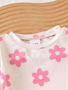 2pcs Baby Girls' Cute Floral Print Round Neck Top And Flared Pants Set, Summer - Pink - View 3