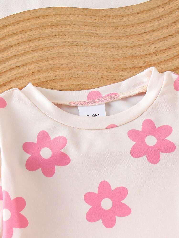 2 piezas Conjunto de niña bebé con blusa de cuello redondo y estampado floral y pantalones acampanados, para verano - Rosa - Añade 3