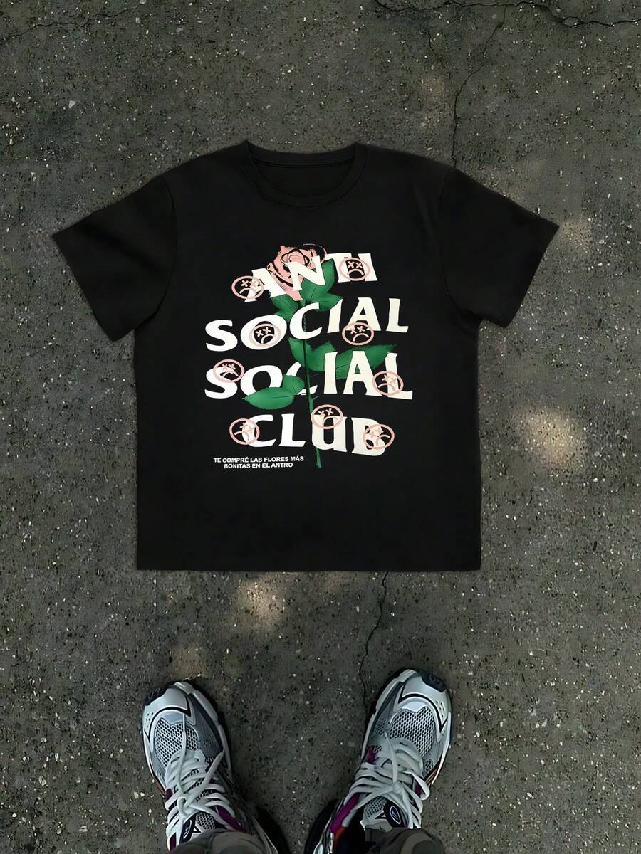 1Pcs Rose And Sad Print Men's T Shirt Anti Social Club Graphic 100% Cotton TShirt Men's Summer Streetwear Tee Gift For Men - Black - View 1